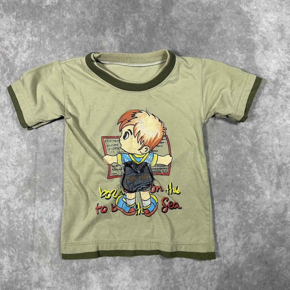 Vintage Kids Green Born to Love the Sea Ringer Graphic T-Shirt 2T Pocket Coastal